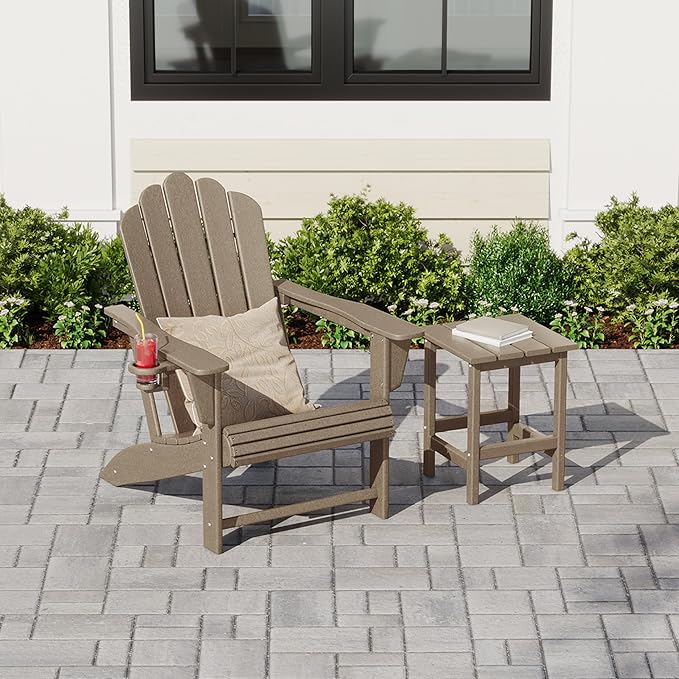 Costaelm Lakeview Outdoor Patio HDPE Adirondack Chair with Cup Holder and Table Set, Weathered Wood