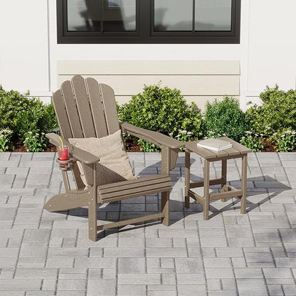 Costaelm Lakeview Outdoor Patio HDPE Adirondack Chair with Cup Holder and Table Set, Weathered Wood