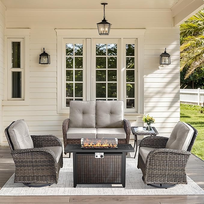 5 Pieces Patio Furniture Set with Fire Pit Table-All Weather Rattan Wicker Outdoor Glider Bench with Outdoor Swivel Chair Outdoor Furniture for Deck Porch Garden Balcony Poolside-Brown/Beige