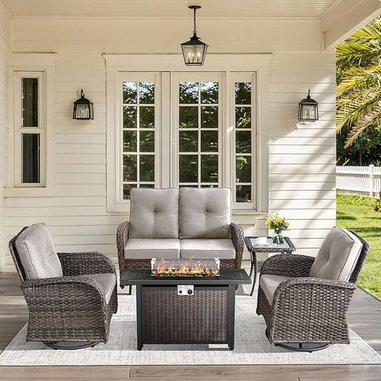 5 Pieces Patio Furniture Set with Fire Pit Table-All Weather Rattan Wicker Outdoor Glider Bench with Outdoor Swivel Chair Outdoor Furniture for Deck Porch Garden Balcony Poolside-Brown/Beige