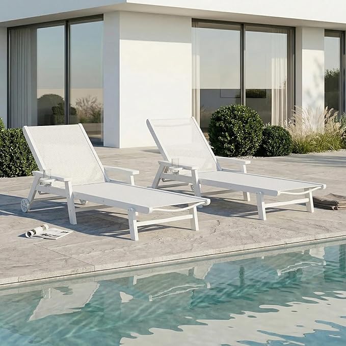 Patio Chaise Lounge Chair with Wheels & Cup Holder - Photo 3
