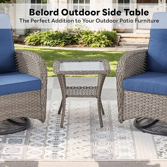 Belord Handwoven Wicker Side Table - 20 Inch Small Outdoor Table 2 Tier Storage with Tempered Glass Top - Photo 6