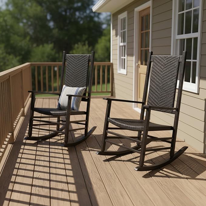 Shine Company Set of 2 Hampton Porch Rockers, High Back Wood Rocking Chairs, Rattan Backrest & Seat, 2-Pack, Black