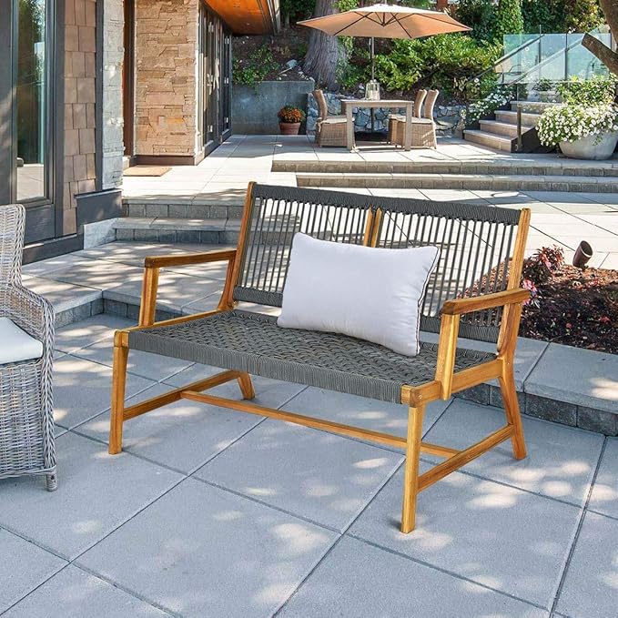 LDAILY Moccha Wood Rope Patio Bench, Modern Outdoor Acacia Park Garden Patio Furniture, 2-Person Solid Wood Patio Loveseat, Knitting Bench with Armrest & Backrest