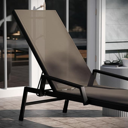 EMMA + OLIVER Braelin Adjustable Patio Chaise Lounge - Brown Textilene Seat - 5 Recline Positions - Metal Frame - All-Weather