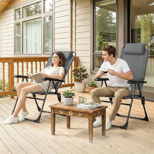 TLSUNNY Folding Patio Chairs Set of 2, Outdoor Lawn Chair w/ 5 Level Adjustable Teslin Back, Removable Headrest, Ergonomic Armrest, Foot Pad, All Weather for Camping, Garden, Pool, 300Lbs (2, Grey)