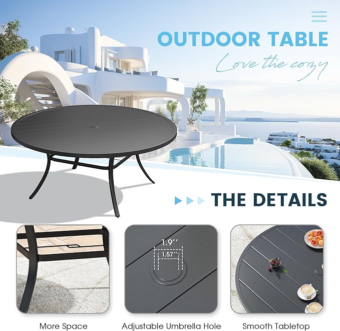 Patio Dining Table for 8-10, Round Metal Outdoor Table with 1.57" Umbrella Hole, 63" Outdoor Slat Tabletop Dining Table for Backyard, Porch, Lawn, Black
