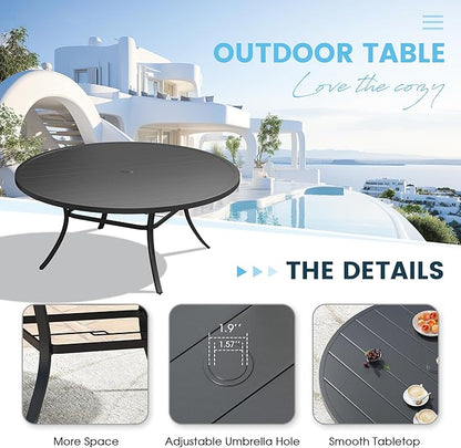 Patio Dining Table for 8-10, Round Metal Outdoor Table with 1.57" Umbrella Hole, 63" Outdoor Slat Tabletop Dining Table for Backyard, Porch, Lawn, Black