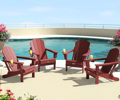 SERWALL Foldable Adirondack Chair Set of 4, Weather Resistant HIPS Patio Chairs with Cup Holder for Patio Garden Outdoors Fire Pit Chairs- Red