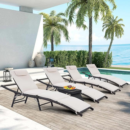 Patio Chaise Lounges 4 Chairs + 1 Coffee Table with Adjustable Backrest and Removable Thick Cushions, 4 Pieces Patio Lounge Chairs + 1 SideTable, Outdoor Folding Cushioned Patio Seating + End Table