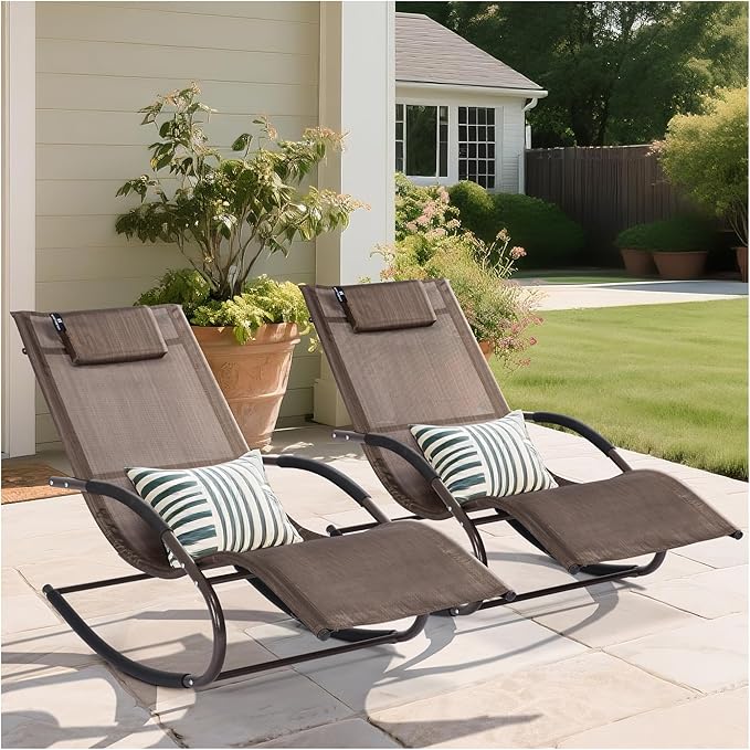 Lounge Chairs, Chaise Lounges with Detachable Pillow for Patio, Lawn, Pool, Outdoor Lounge Chairs Set of 2, Brown - Photo 1