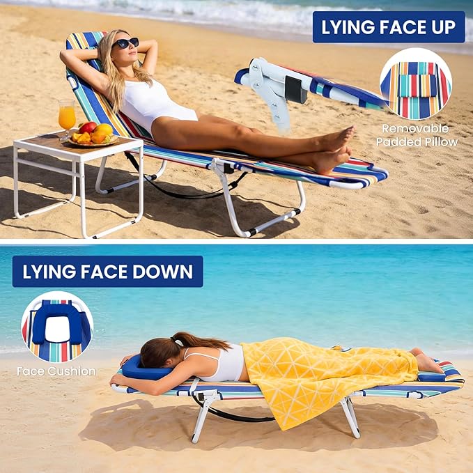 LILYPELLE Folding Chaise Lounge Chair with Mattress, 5 Position Beach Chair with Face Hole - Photo 3
