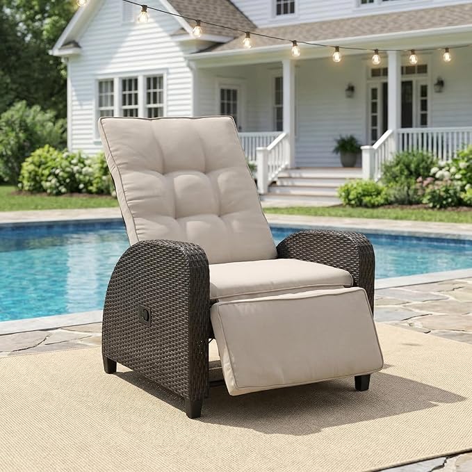 Green4ever Outdoor Patio Recliner with Adjustable Backrest and Footrest, All-Weather Wicker Patio Chair, 160° Lay Flat Patio Reclining Lounge Chair for Garden Backyard, Beige