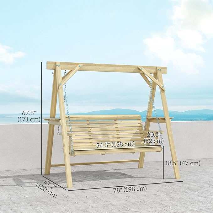 Outsunny 3 Seat Porch Swing with Stand, Wooden Patio Swing Chair with Side Tables and Metal Chains - Photo 7