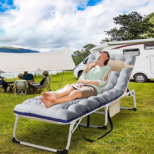 DoCred Folding Lounge Chair with Mattress, 5 Position Adjustable Folding Sleeping Bed Cot Chaise Lounge Chairs Perfect for Sunbathing, Camping, Pool, Beach, Patio
