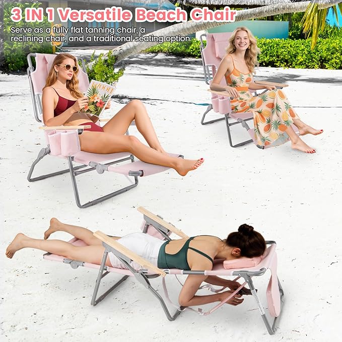 Goplus 3-in-1 Foldable Beach Chair, Lay-Flat Tanning Chair with Face and Arm Holes, Footrest, 330 lbs Heavy-Duty Portable Reclining Lounge Chairs for Outside, Camping, Patio, Poolside, Lawn (1,Pink)