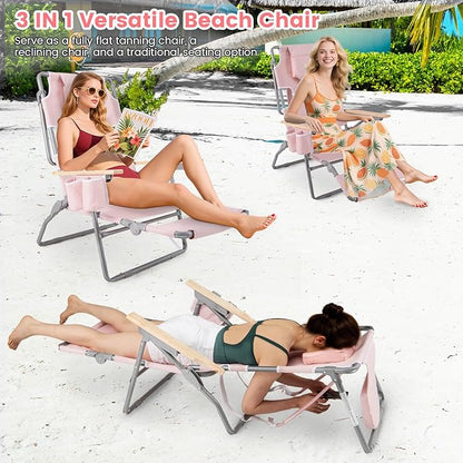 Goplus 3-in-1 Foldable Beach Chair, Lay-Flat Tanning Chair with Face and Arm Holes, Footrest, 330 lbs Heavy-Duty Portable Reclining Lounge Chairs for Outside, Camping, Patio, Poolside, Lawn (1,Pink)
