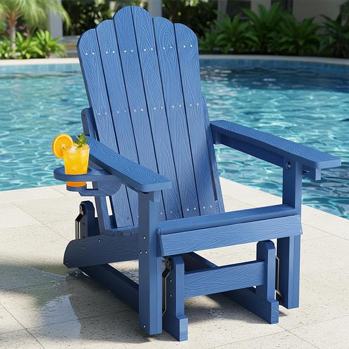 HDPE Outdoor Glider Chair,3-Position Adjustable Backrest Patio Glider, All-Weather Glider Rocker Chair with Cup Holders,Porch Glider for Outside,Deck,Fire Pit, Poolside,400LBS Capacity (Blue)