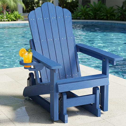 HDPE Outdoor Glider Chair,3-Position Adjustable Backrest Patio Glider, All-Weather Glider Rocker Chair with Cup Holders,Porch Glider for Outside,Deck,Fire Pit, Poolside,400LBS Capacity (Blue)