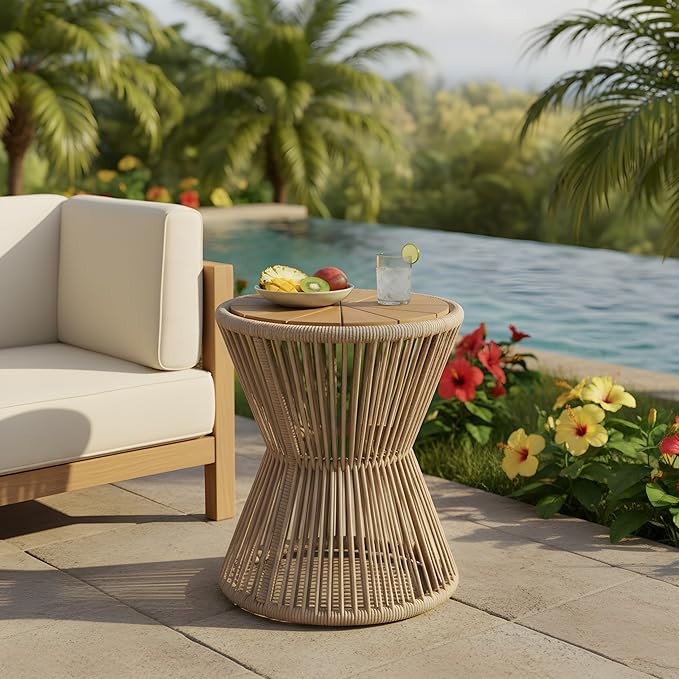 Merax Bohemian Round Outdoor Side Table with Acacia Wood Top and Beige Handwoven Rope Base, Elegant Hourglass Design Patio Coffee Table for Garden, Pool, Deck, Balcony, Yard, 18.9" Height, No Assembly