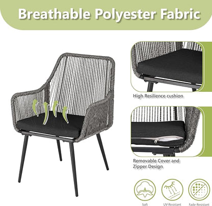 Patio Dining Chairs, Outdoor Dining Chairs with Armrest & Cushion Set of 2, All-Weather Woven Twisted Wicker Rattan Chair, Modern Indoor Outdoor Seating for Garden Lawn Backyard Grey
