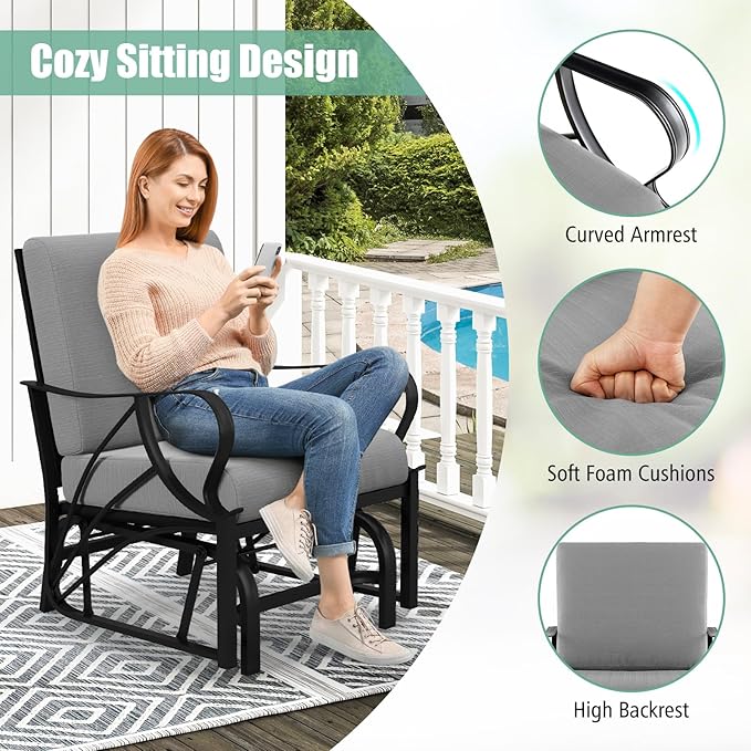 Giantex Outdoor Glider, Patio Rocking Chair with Thick Cushion, Sturdy Metal Frame, Curved Armrest, Ergonomic Design - Photo 6