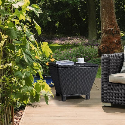 VINGLI Outdoor Side Table with Storage, 13-Gallon Patio Deck Box Outdoor Wicker Side Table for Poolside Balcony Storage Table (Black, Trapezoid)