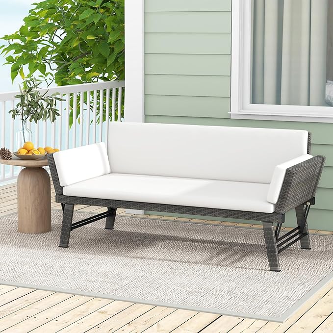 Tangkula Outdoor Convertible Sofa Daybed with Adjustable Armrests, PE Rattan Patio Couch Furniture with Removable Cushions, Patio Chaise Lounge Loveseat for Porch, Balcony, Backyard, Poolside