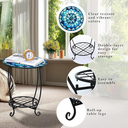 Outdoor Side Table Round Small Mosaic Patio Accent Indoor End Plant Coffee Tea Table for Yard Patio Porch Garden Living Room, Bedroom(Mandala Style,18 Inch)