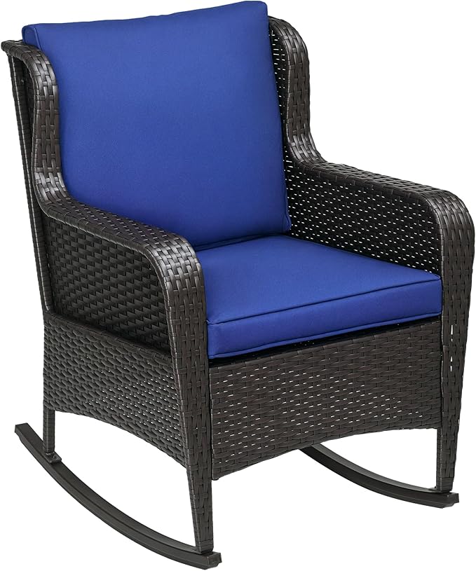 Outsunny Outdoor Wicker Rocking Chair with Wide Seat, Thick Cushions, Rattan Rocker with Steel Frame, High Weight Capacity for Patio, Garden, Backyard, Dark Blue