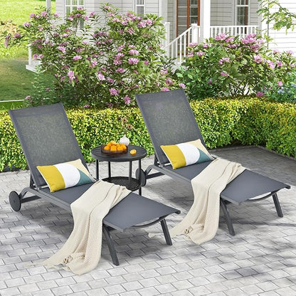 COSTWAY 2 PCS Outdoor Patio Chaise Lounge, 6-Position Adjustable Pool Lounger with Stable Aluminum Frame, Portable Sun Bathing Lounge Chair on Wheels for Backyard Garden, Grey