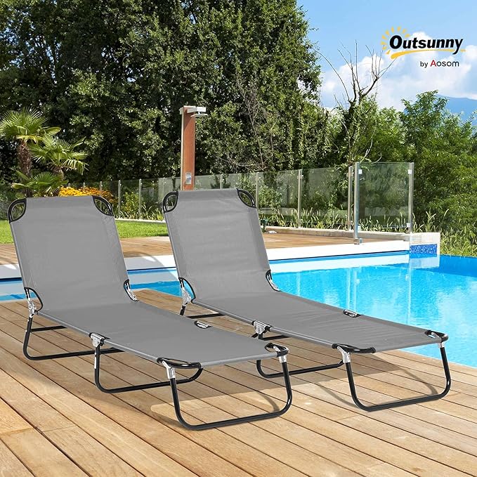 Outsunny 2 Piece Folding Chaise Lounge Pool Chairs, Outdoor Sun Tanning Chairs with 5-Level Reclining Back - Photo 2