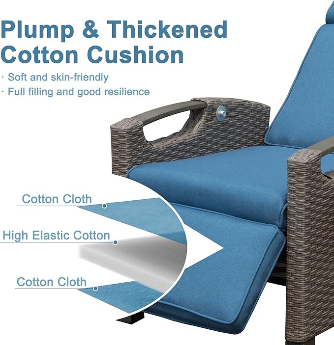 Domi Outdoor Recliner Chair, Patio Recliner with Hand-Woven Wicker, Flip Table Push Back, Adjustable Angle, Thickness Cushions, Reclining Lounge Chair for Indoor & Outdoor, Navy Blue