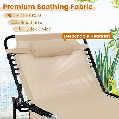 Goplus Extra Large Lounge Chair Outdoor, 27” Wide Folding 5-Position Tanning Chair with Detachable Pillow, Side Pocket, 16” High Chaise Lounger, 440LBS Capacity, Patio Lounge Chair for Yard Pool Yard