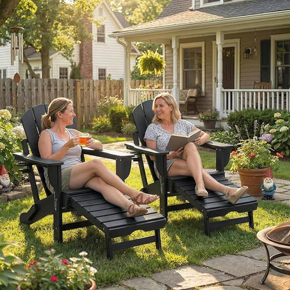 Outsunny Folding Adirondack Chair Set of 2, Outdoor HDPE Fire Pit Chair with Retractable Ottoman, Cup Holder and Large Seat for Deck, Garden, Backyard, Black