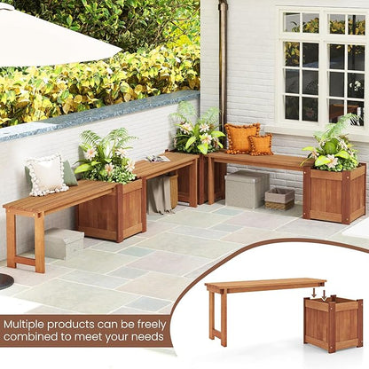 2-in-1 Outdoor Planter Box with Bench, Outdoor Bench with Raised Garden Bed, Open-Ended Base Planter Box, Teak Oil Finish Wood Seat, Garden Bench Seat for Porch Balcony Lawn Yard (1)