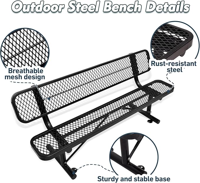 Heavy Duty Metal Park Bench for Outside, Outdoor Garden Benches with Backrest & Portable Frame, Expanded Metal Mesh Bench for Shopping Malls, Lawn, Park, Deck, Patio, Porch (Black, 6FT/72INCH)