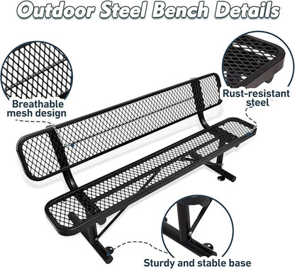 6FT Heavy-Duty Park Bench for Outside - Black Coated Outdoor Furniture Steel Bench, Commercial-Grade Outdoor Benches Weatherproof for Park, Patio, Porch (Portable with Back) (Black, 6FT)