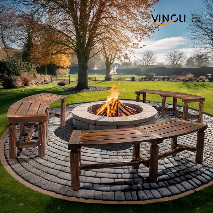 VINGLI Outdoor Bench Wooden Curved Bench, All-Weather Fire Pit Backless Patio Bench, 2-Person Seating Rustic Garden Bench for Backyard Porch Deck Entryway (Carbonized)