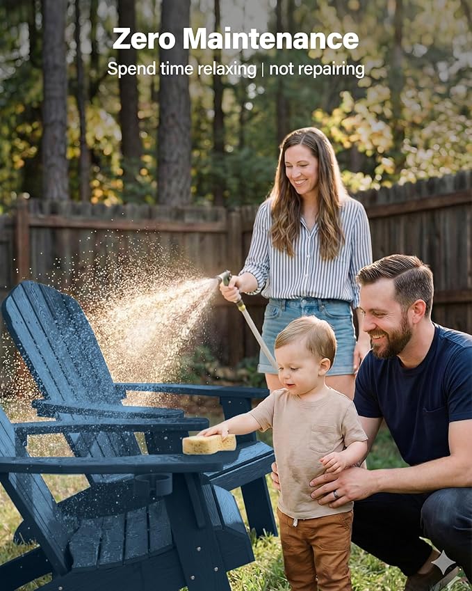 YEFU Oversized Plastic Adirondack Chair Set of 4 with Cup-Holder, Weather Resistant, Poly Lumber Outdoor Chairs Duty Rating Widely Used in Patio, Lawn, Outside, Deck, Garden Chair-Navy Blue