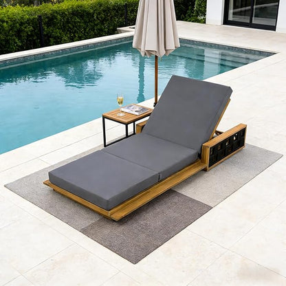Merax Patio Chaise Lounge with 4-Position Adjustable Backrest, Acacia Wood Outdoor Sunbathing Recliner Chair & 4" Thick Triple-fold Cushion for Poolside, Garden, Backyard, Patio, Dark Gray