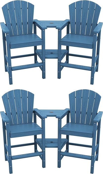 SERWALL Tall Adirondack Chairs Set of 4 with Double Layer Connecting Tray, HDPE Bar Height Outdoor Chairs, Wood-Like Adirondack Bar Stools for Patio, Balcony, Porch, Blue