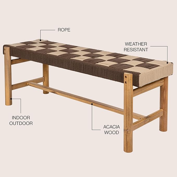 JONATHAN Y BNH202B Denis 48" 2-Seat Backless 700-Lbs Support Acacia Wood Outdoor Bench with Checkerboard Woven Rope Seat for Patio, Garden, Lawn, Backyard, Pool, Deck, Beach, Brown/Beige