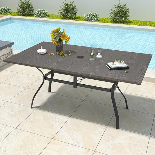 Outdoor Rectangle Dining Table 6-Person with 1.57" Umbrella Hole Metal Steel Backyard Bistro Table for Garden, Poolside, Backyard, Brown