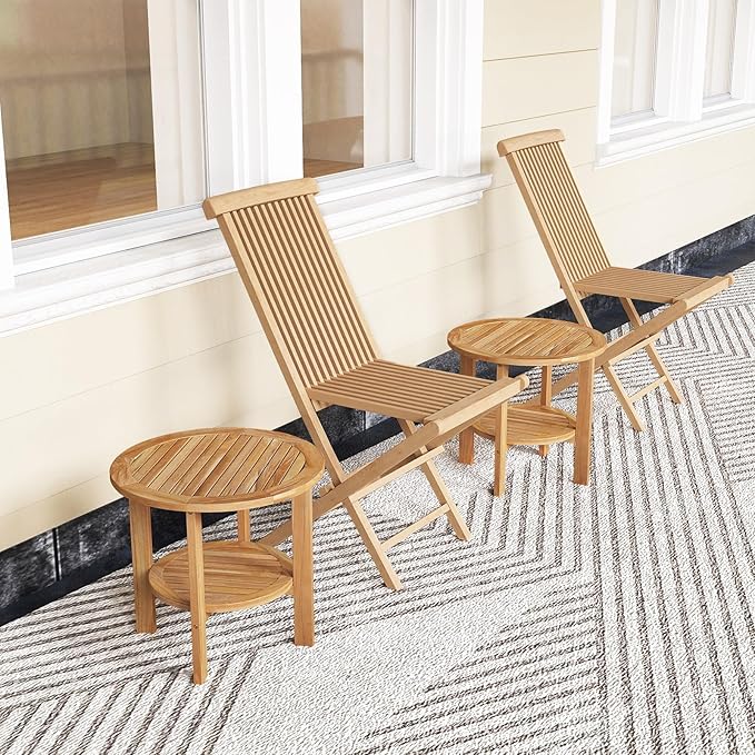 Giantex 19.5" Outdoor Round Side Table Set of 2, 2-Tier Patio Table with Slatted Tabletop & Open Storage Shelf, Easy Assembly, Teak Wood Small End Table for Porch, Backyard, Garden, Pool, Natural