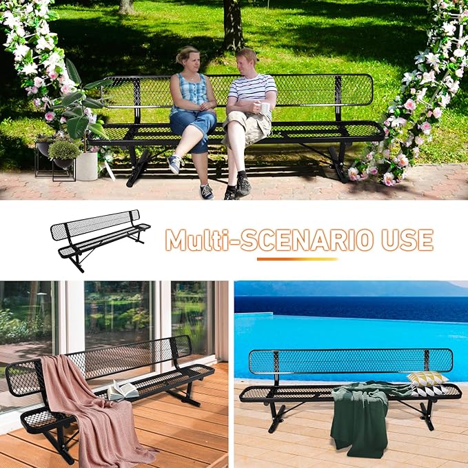 8Ft Outdoor Bench with Back Portable Frame, Outdoor Steel Park Bench with Backrest, Expanded Metal Mesh Bench for Outside, Lawn, Backyard, Park, Deck, Garden, Patio, Porch, Black