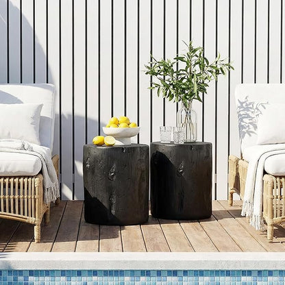HOMPUS Concrete Outdoor Side Table, Tree Stump Modern Round Accent Table, Planter Stand Faux Wood End Garden Stool for Patio, Home Decor, Living Room, Black