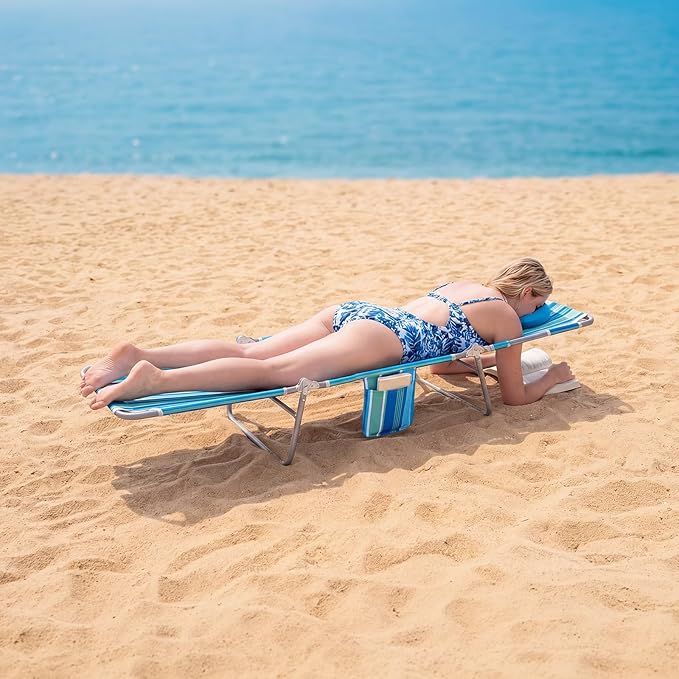 Romswi 2PK Folding Tanning Beach Chair with Face Hole, 5-Position Reclining Sun Lounger, Portable Face Down Tanning Chair with Arm Holes & Side Pocket for Beach, Pool, Patio, Teal and Aqua Stripe