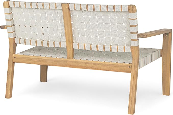 Christopher Knight Home Lenno Patio Loveseat, Acacia Wood Outdoor Bench, Woven Rope Armchair, 2 Seater Bench, Spacious Seating Sofa, Outdoor Acacia Wood Loveseat for Gardern Poolside Porch, White