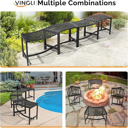 VINGLI Outdoor Metal Curved Bench, Weatherproof Fire Pit Bench Set of 4, Heavy Duty Steel Backless Benches, Metal Outside Seating for Garden, Patio, Plant Stand and Holder